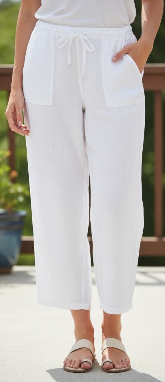 London Jeans Women 6 White Straight Leg 100% Linen Drawstring Tie Beach Pants